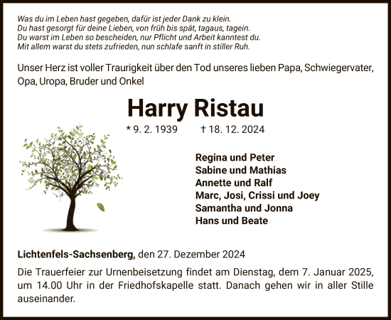 Todesanzeige von Harry Ristau von WLZHNA
