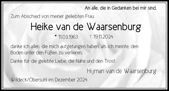 Todesanzeige von Heike van de Waarsenburg von HNA