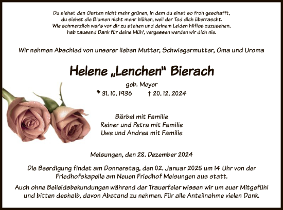 Todesanzeige von Helene Bierach von HNA