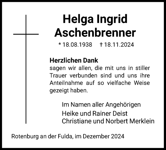 Todesanzeige von Helga Aschenbrenner von HNA