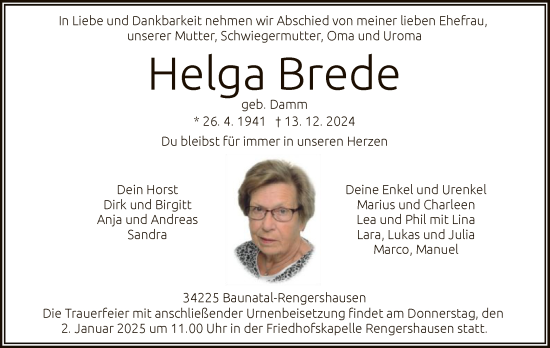 Todesanzeige von Helga Brede von HNA