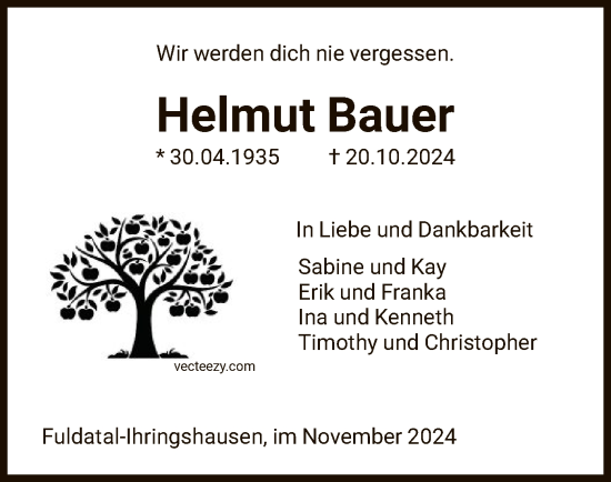 Todesanzeige von Helmut Bauer von HNA