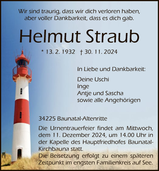 Todesanzeige von Helmut Straub von HNA