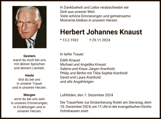 Todesanzeige von Herbert  Knaust von HNA