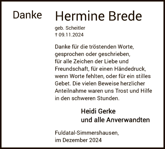 Todesanzeige von Hermine Brede von HNA