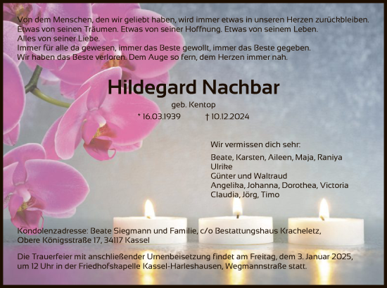 Todesanzeige von Hildegard Nachbar von HNA