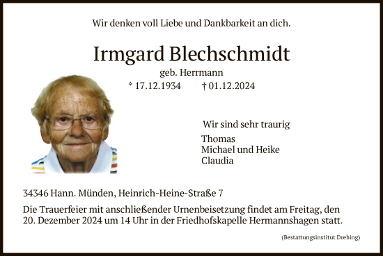Todesanzeige von Irmgard Blechschmidt von HNA