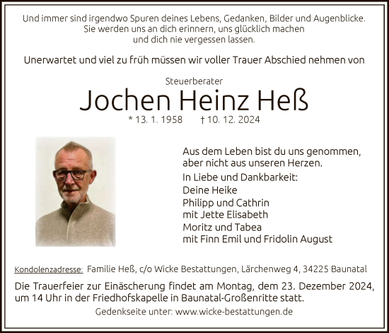 Todesanzeige von Jochen Heinz Heß von HNAHNAHNA