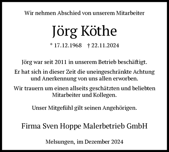Todesanzeige von Jörg Köthe von HNA