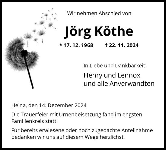 Todesanzeige von Jörg Köthe von HNA