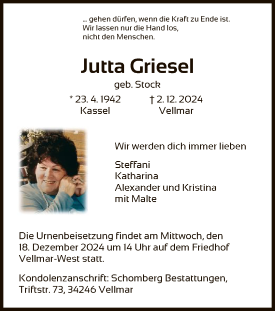 Todesanzeige von Jutta Griesel von HNA