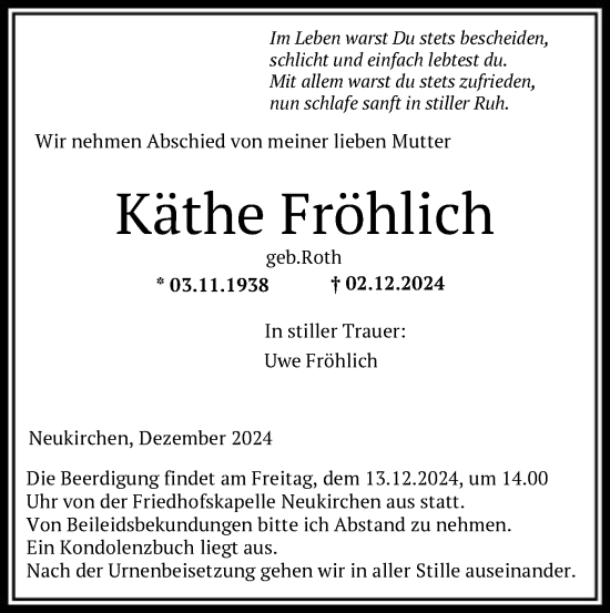 Todesanzeige von Käthe Fröhlich von HNA
