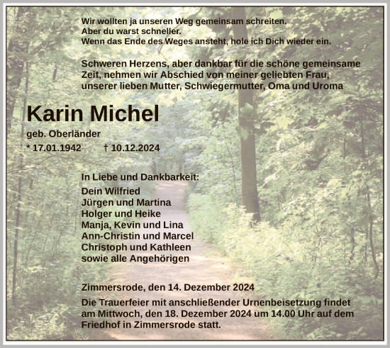 Todesanzeige von Karin Michel von HNA