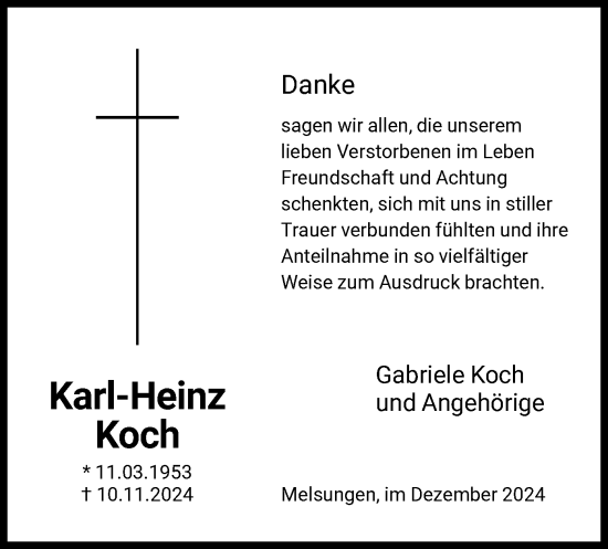 Todesanzeige von Karl-Heinz Koch von HNA
