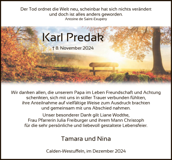 Todesanzeige von Karl Predak von HNAHNAHNA