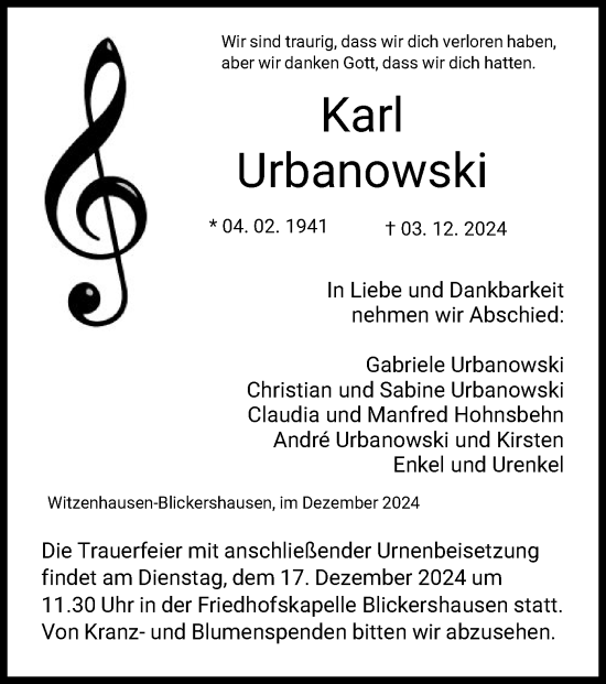 Todesanzeige von Karl Urbanowski von HNA