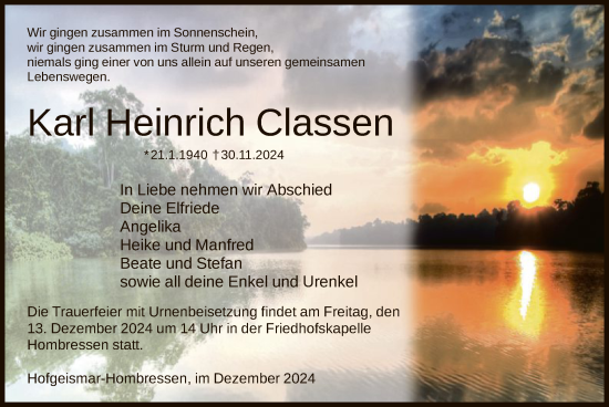 Todesanzeige von Karl Heinrich Classen von HNA