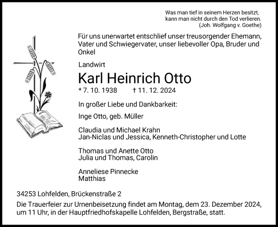 Todesanzeige von Karl Heinrich Otto von HNAHNA