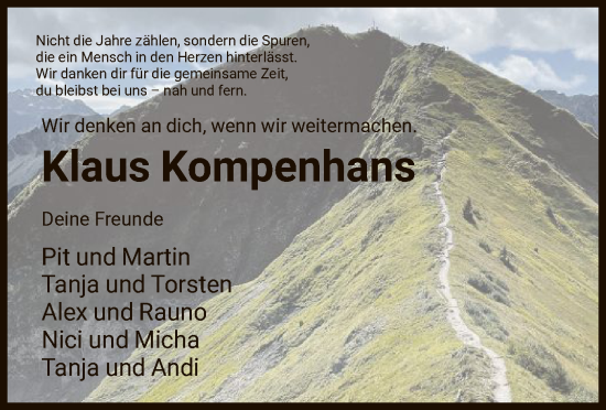 Todesanzeige von Klaus Kompenhans von HNA