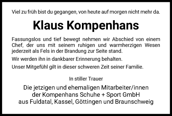 Todesanzeige von Klaus Kompenhans von HNA