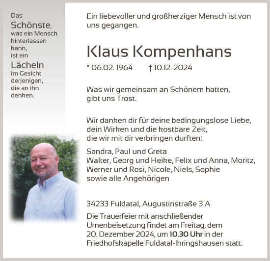 Todesanzeige von Klaus Kompenhans von HNA