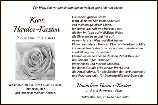 Todesanzeige von Kurt Harder-Kasten von HNA