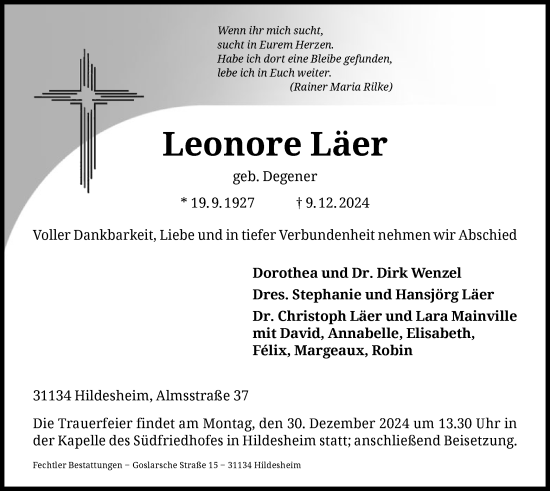 Todesanzeige von Leonore Läer von HNA