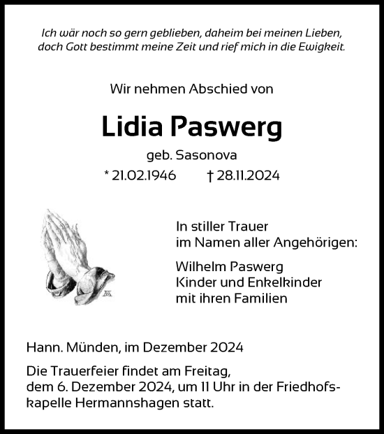 Todesanzeige von Lidia Paswerg von HNA