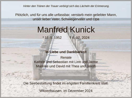 Todesanzeige von Manfred Kunick von HNA