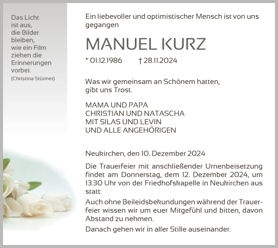 Todesanzeige von Manuel Kurz von HNA