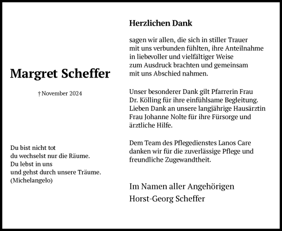 Todesanzeige von Margret Scheffer von HNA