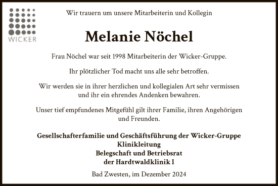 Todesanzeige von Melanie Nöchel von WLZHNA