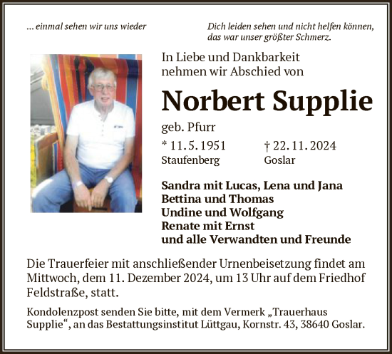 Todesanzeige von Norbert Supplie von HNA