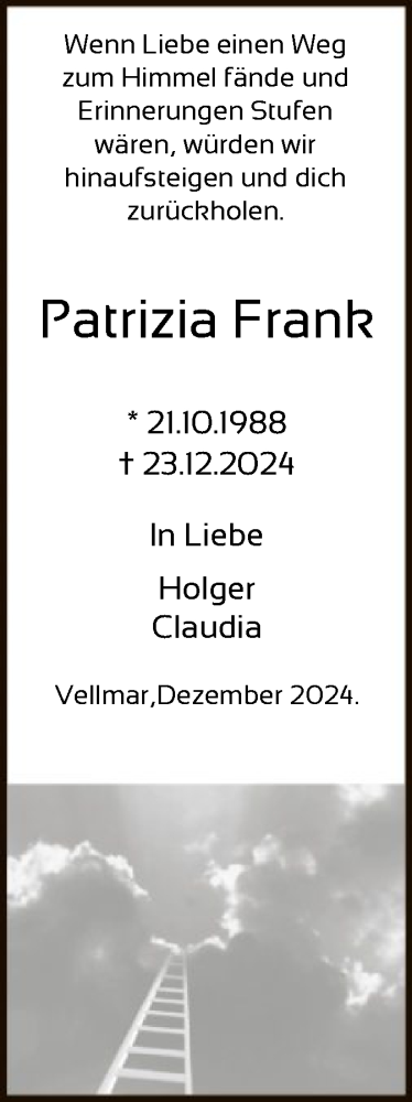 Todesanzeige von Patrizia Frank von HNA