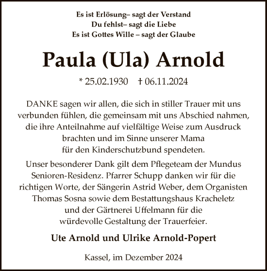 Todesanzeige von Paula  Arnold von HNA