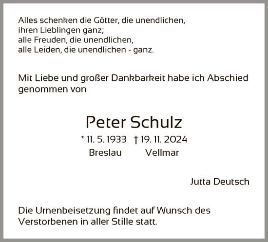 Todesanzeige von Peter Schulz von HNA