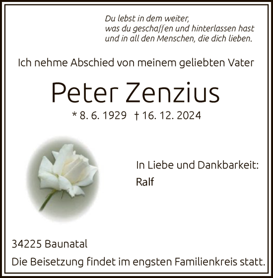 Todesanzeige von Peter Zenzius von HNA