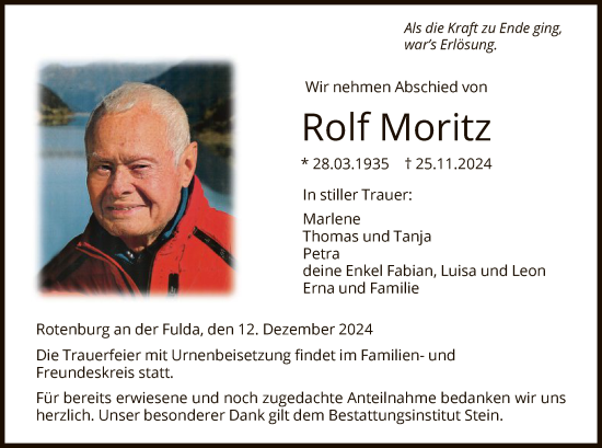 Todesanzeige von Rolf Moritz von HNA