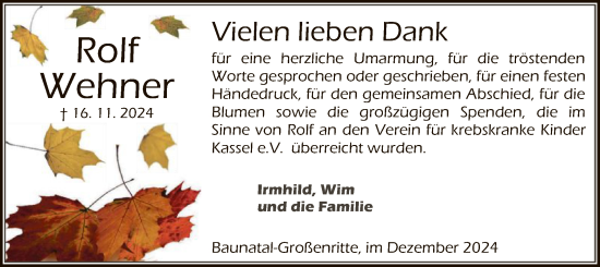 Todesanzeige von Rolf Wehner von HNA