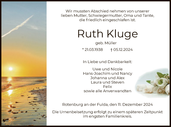 Todesanzeige von Ruth Kluge von HNA