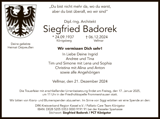 Todesanzeige von Siegfried Badorek von HNA