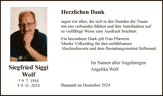 Todesanzeige von Siegfried Wolf von HNA