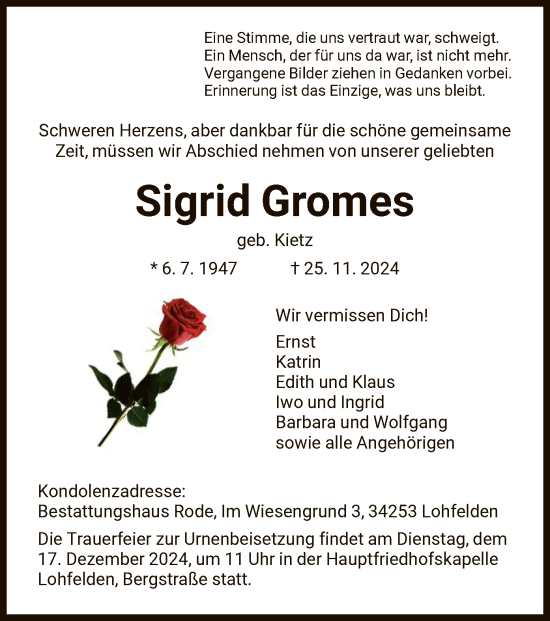 Todesanzeige von Sigrid Gromes von HNA