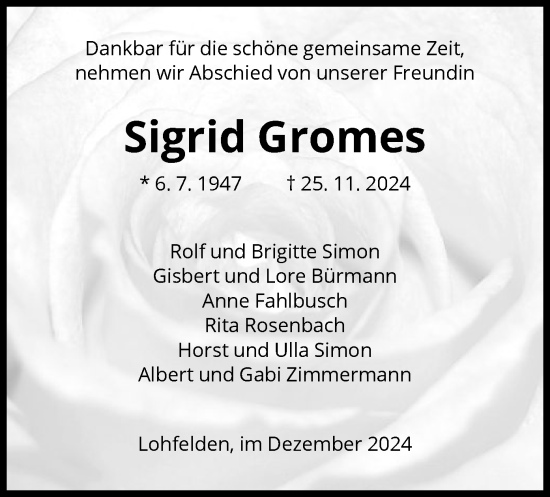 Todesanzeige von Sigrid Gromes von HNA