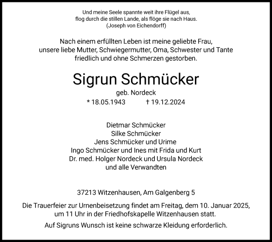 Todesanzeige von Sigrun Schmücker von HNA