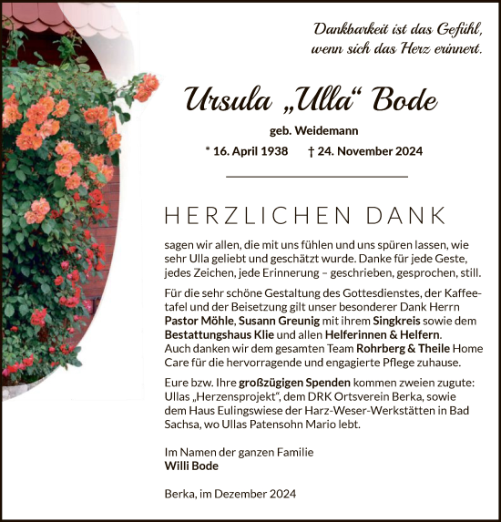Todesanzeige von Ulla Bode von HNA