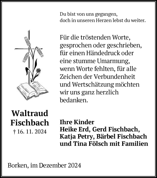 Todesanzeige von Waltraud Fischbach von HNA