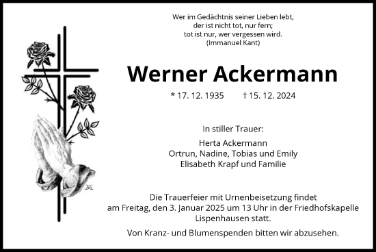 Todesanzeige von Werner Ackermann von HNA