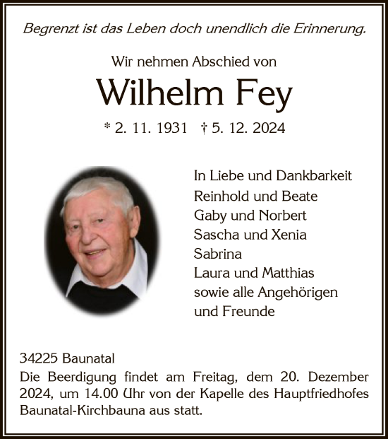 Todesanzeige von Wilhelm Fey von HNA
