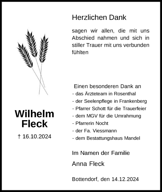 Todesanzeige von Wilhelm Fleck von HNA